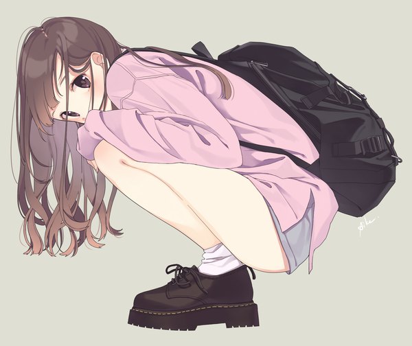 Anime picture 1700x1430 with original aiko (aiko 54) single long hair looking at viewer blush fringe simple background brown hair brown eyes signed full body grey background squat covered mouth fashion girl socks shorts boots
