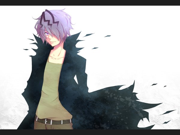 Anime picture 1280x960 with ib (game) garry (ib) single fringe short hair simple background white background purple eyes purple hair light smile hair over one eye boy coat