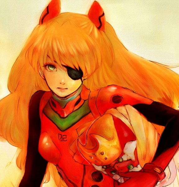 Anime picture 1715x1790 with neon genesis evangelion rebuild of evangelion evangelion: 2.0 you can (not) advance gainax soryu asuka langley asai (artist) single long hair tall image highres simple background white background green eyes orange hair girl eyepatch helmet pilot suit