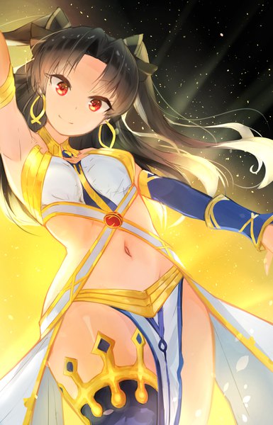 Anime picture 1465x2281 with fate (series) fate/grand order ishtar (fate) wse (charlie70189) single long hair tall image looking at viewer light erotic black hair smile red eyes head tilt arm up bare belly armpit (armpits) two side up floating hair glow asymmetrical legwear