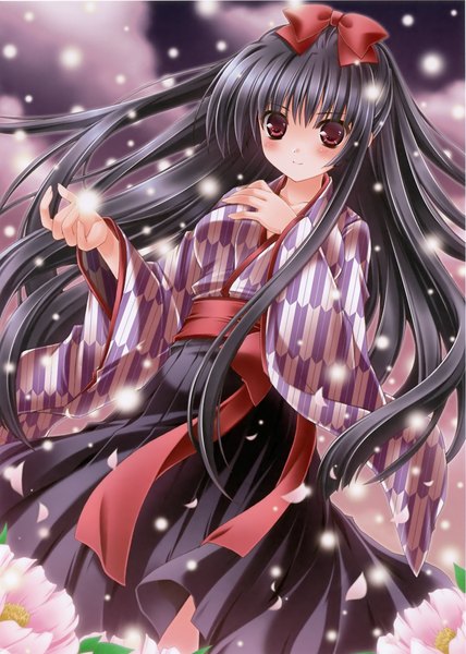 Anime picture 2248x3151 with original minase lin single long hair tall image blush highres black hair red eyes traditional clothes light smile girl flower (flowers) bow hair bow petals