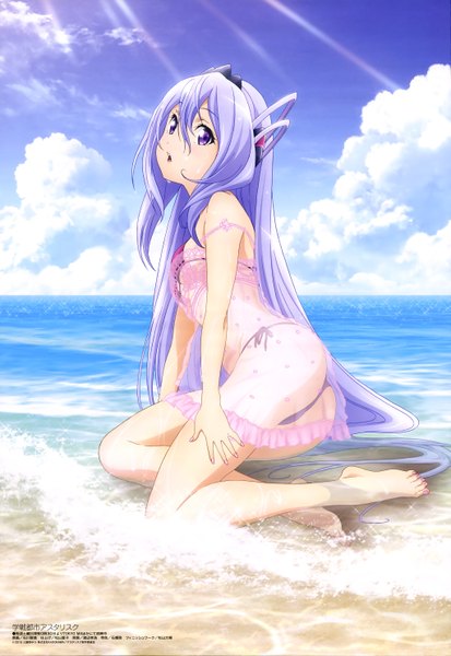 Anime picture 4083x5931 with gakusen toshi asterisk megami magazine lyyneheym sylvia single tall image looking at viewer fringe highres open mouth light erotic hair between eyes purple eyes blue hair absurdres sky cloud (clouds) very long hair official art girl hair ornament