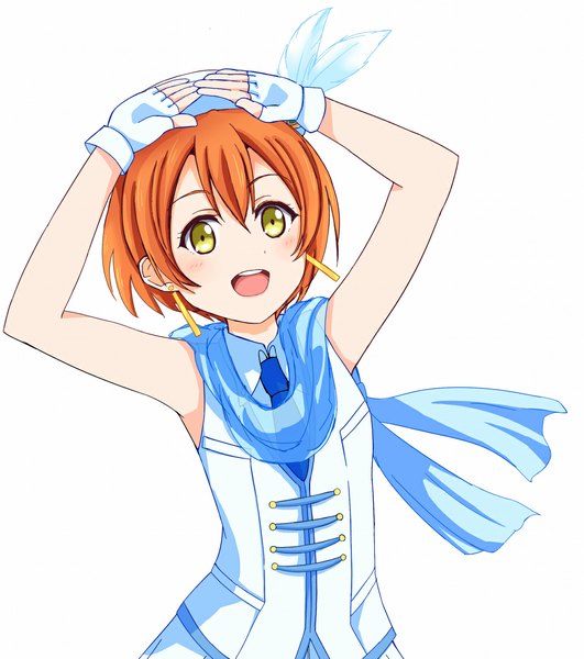 Anime picture 1022x1154 with love live! school idol project sunrise (studio) love live! hoshizora rin basira single tall image blush fringe short hair open mouth simple background standing white background yellow eyes looking away :d orange hair arms up sleeveless
