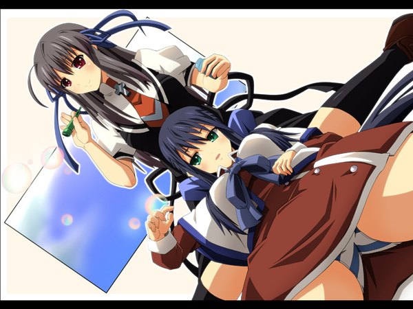 Anime picture 1000x750 with air kanon key (studio) tohno minagi kawasumi mai shin'ya (nanp) long hair blush light erotic black hair red eyes multiple girls green eyes pantyshot girl uniform ribbon (ribbons) 2 girls hair ribbon school uniform