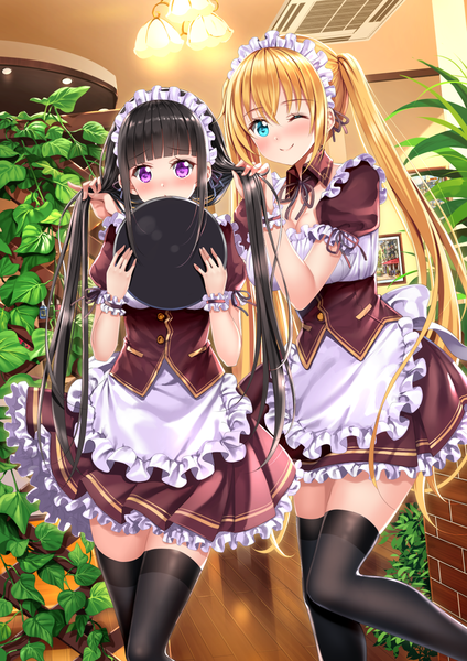 Anime picture 1102x1560 with blend s a-1 pictures sakuranomiya maika hinata kaho swordsouls long hair tall image blush fringe black hair blonde hair smile standing twintails purple eyes multiple girls payot indoors blunt bangs one eye closed