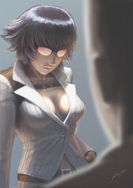 Anime picture 620x877 with devil may cry lady (devil may cry) cassio yoshiyaki tall image fringe short hair breasts light erotic signed cleavage purple hair blunt bangs head tilt lips blurry depth of field solo focus girl boy navel
