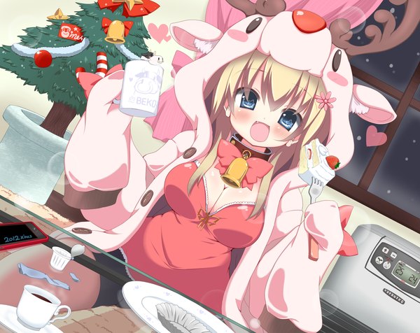 Anime picture 1234x980 with original kuronekogata single long hair blush breasts open mouth blue eyes blonde hair girl dress heart sweets bell cup cake christmas tree