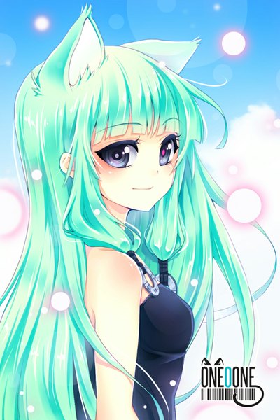 Anime picture 667x1000 with original eos kishishiotani single long hair tall image looking at viewer blush breasts purple eyes bare shoulders animal ears sky cloud (clouds) light smile cat ears aqua hair girl swimsuit cyborg