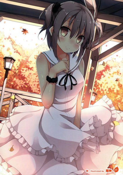 Anime picture 2537x3600 with girls, girls, girls! 10 (artbook) samegami single tall image looking at viewer blush highres short hair black hair bare shoulders brown eyes scan official art girl dress leaf (leaves) sundress autumn leaves