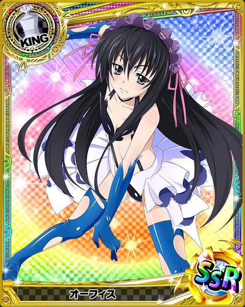 Anime picture 640x800 with highschool dxd ophis single long hair tall image looking at viewer blush black hair black eyes loli torn clothes card (medium) girl thighhighs dress gloves elbow gloves headdress torn thighhighs lolita hairband