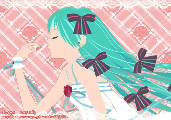 Anime picture 1024x724 with vocaloid hatsune miku e-megu (artist) long hair eyes closed nail polish green hair girl dress bow hair bow white dress