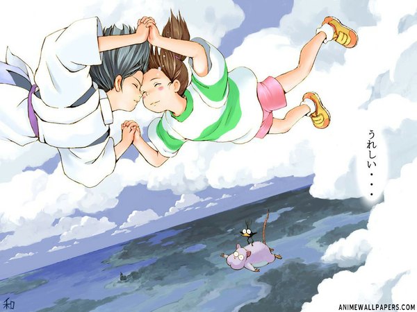 Anime picture 1024x768 with spirited away studio ghibli haku (spirited away) ogino chihiro cloud (clouds) couple holding hands flying