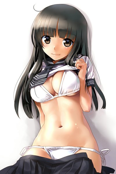 Anime picture 600x900 with original katahira masashi single long hair tall image looking at viewer blush breasts light erotic black hair large breasts brown eyes pleated skirt open clothes bare belly open skirt girl skirt navel uniform