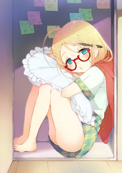 Anime picture 650x919 with original hym9594 single tall image looking at viewer blush short hair blue eyes light erotic blonde hair sitting ahoge parted lips barefoot girl glasses pillow