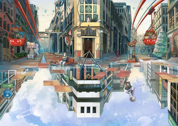 Anime picture 3509x2481 with original remosse512 looking at viewer highres short hair blue eyes black hair standing sitting multiple girls holding absurdres sky cloud (clouds) bent knee (knees) outdoors head tilt pleated skirt looking back city