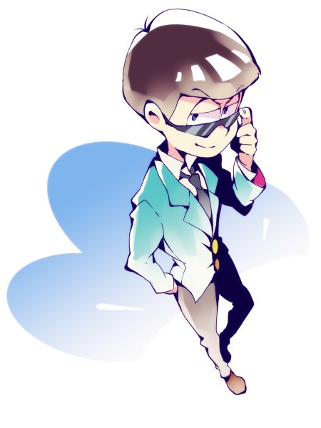 Anime picture 900x1200 with osomatsu-san matsuno karamatsu dossei single tall image looking at viewer short hair simple background smile brown hair standing white background full body ahoge bent knee (knees) from above hand in pocket formal adjusting sunglasses boy