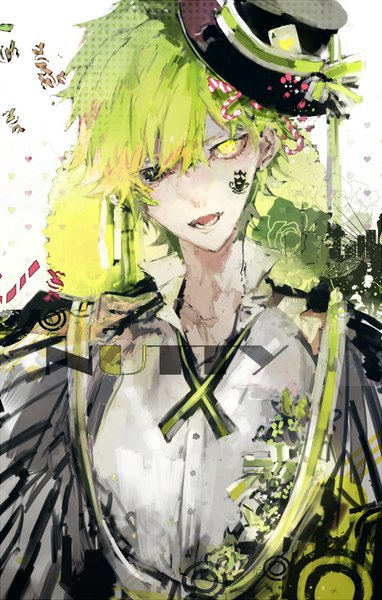 Anime picture 800x1254 with happy tree friends nutty daken single tall image looking at viewer fringe short hair open mouth blue eyes yellow eyes green hair teeth tattoo heterochromia open collar personification boy shirt white shirt