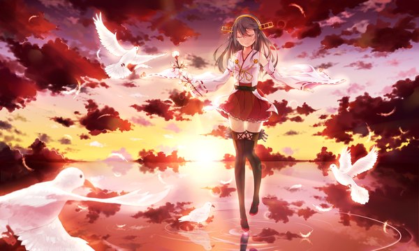 Anime picture 1920x1150 with kantai collection haruna battleship yamano (yamanoh) single long hair blush fringe highres smile brown hair wide image standing holding sky cloud (clouds) bent knee (knees) eyes closed long sleeves traditional clothes japanese clothes