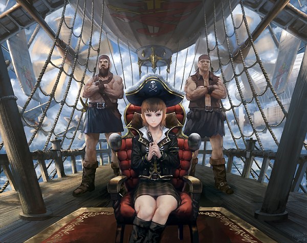 Anime picture 1140x901 with shinjiro nobayashi short hair brown hair standing sitting brown eyes multiple boys torn clothes topless pirate girl boy skirt weapon hat boots belt gun 2 boys chair
