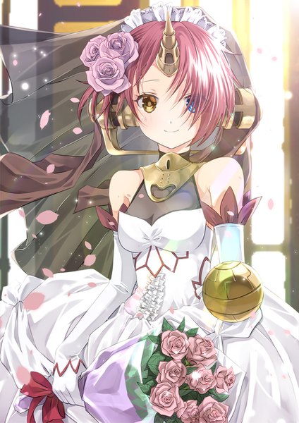 Anime picture 900x1273 with fate (series) fate/grand order frankenstein's monster (fate) iroha (shiki) single tall image looking at viewer blush fringe short hair blue eyes smile bare shoulders holding yellow eyes pink hair hair flower horn (horns) wind hair over one eye