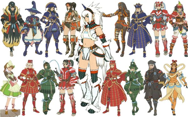 Anime picture 1460x912 with monster hunter kirin (armor) monster hunter (character) short hair breasts black hair blonde hair brown hair wide image twintails cleavage silver hair white hair ponytail long sleeves horn (horns) official art midriff dark skin thighhighs