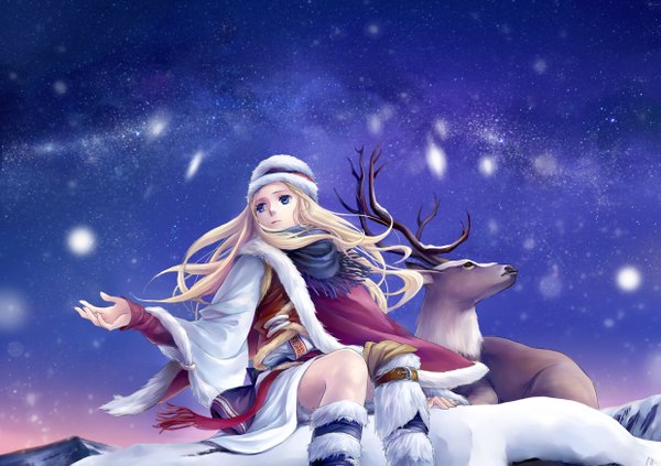Anime picture 2480x1751 with original ann long hair highres blue eyes blonde hair sky snowing winter snow milky way girl hat animal boots star (stars) winter clothes deer reindeer