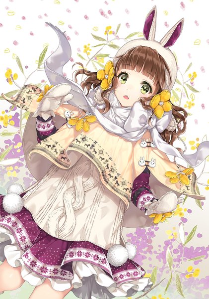 Anime picture 702x1000 with original cocoon (loveririn) single long hair tall image looking at viewer open mouth brown hair green eyes girl dress flower (flowers) bow scarf cap mittens poncho