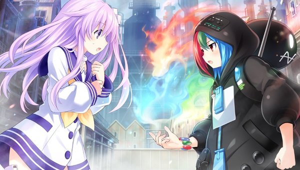 Anime picture 960x544 with choujigen game neptune sega hard girls nepgear sega game gear (sega hard girls) tsunako long hair blush fringe open mouth hair between eyes wide image purple eyes multiple girls payot blue hair game cg purple hair red hair long sleeves profile