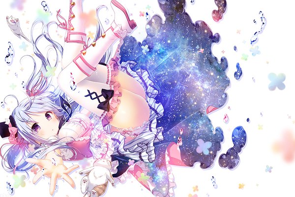 Anime picture 886x591 with original konomi (kino konomi) single long hair looking at viewer blush light erotic white background purple eyes twintails silver hair ahoge ass blurry :o outstretched hand jumping upside down abstract starry sky print