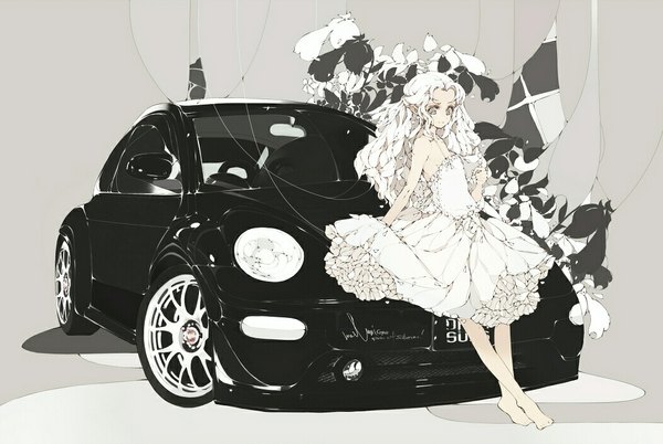 Anime picture 1050x705 with original tokubo (makina) single long hair bare shoulders white hair barefoot shadow crossed legs girl dress plant (plants) ground vehicle car