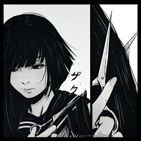 Anime picture 1024x1024 with original koyoriin single long hair fringe short hair simple background signed looking away fingernails lips border looking down monochrome portrait zoom layer hairdressing cutting hair girl uniform