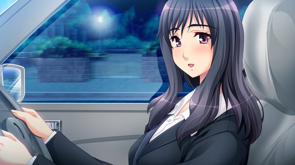 Anime picture 1280x720 with marriage blue skyhouse long hair blush open mouth black hair wide image purple eyes game cg car interior girl suit ground vehicle car
