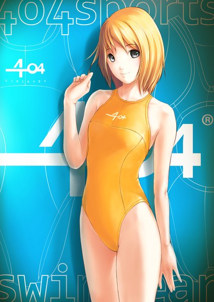 Anime picture 1240x1754 with original kirin404 single tall image short hair blonde hair smile black eyes girl swimsuit one-piece swimsuit competition swimsuit