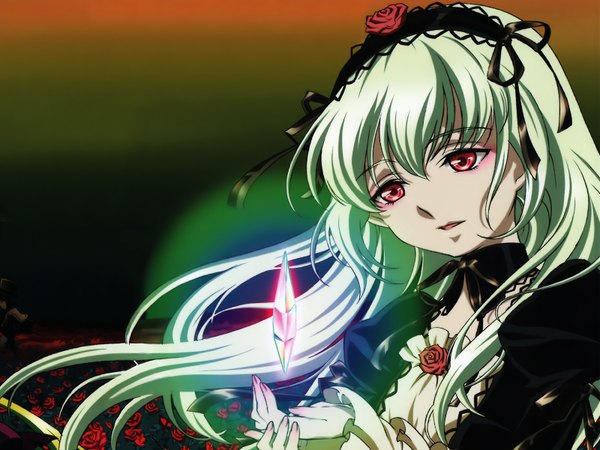 Anime picture 1600x1200 with rozen maiden suigintou single long hair fringe hair between eyes red eyes upper body green hair gradient background floating hair third-party edit cropped detexted girl flower (flowers) hairband gem