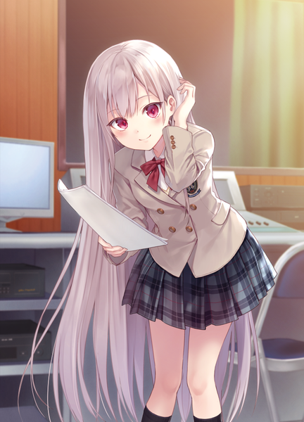 Anime picture 716x995 with 0.000000001% percent derenai shiroi neko original shionome koneko fukahire (ruinon) single tall image looking at viewer blush fringe smile red eyes standing holding silver hair indoors very long hair head tilt pleated skirt leaning leaning forward