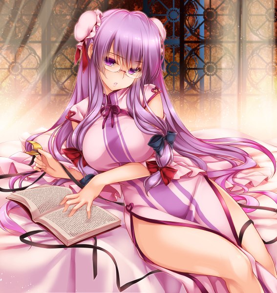 Anime picture 1134x1200 with touhou patchouli knowledge moneti (daifuku) single long hair tall image looking at viewer light erotic purple eyes purple hair hair bun (hair buns) chinese clothes girl bow hair bow glasses book (books) chinese dress bun cover