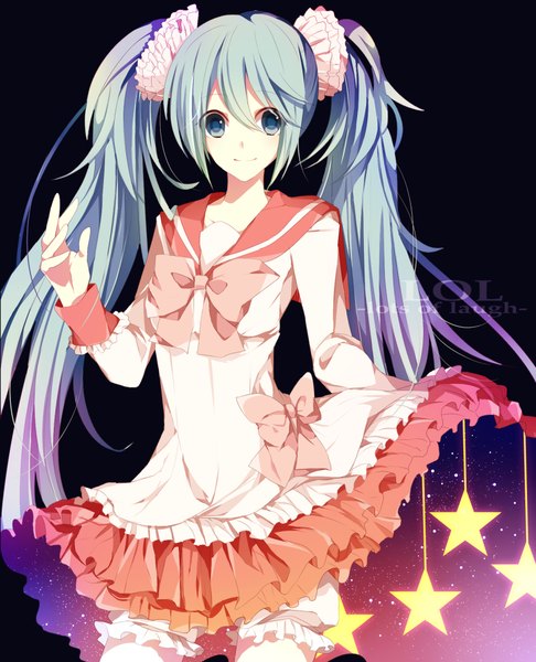 Anime picture 900x1110 with vocaloid hatsune miku etoranze single long hair tall image looking at viewer fringe smile standing twintails holding aqua eyes aqua hair alternate costume black background glow girl dress bow