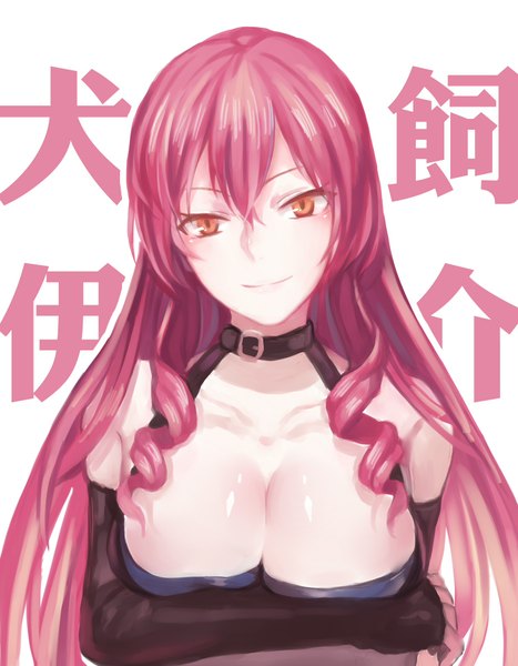 Anime picture 1502x1928 with akuma no riddle inukai isuke ji yue single long hair tall image looking at viewer breasts light erotic smile large breasts white background pink hair orange eyes drill hair hieroglyph girl detached sleeves
