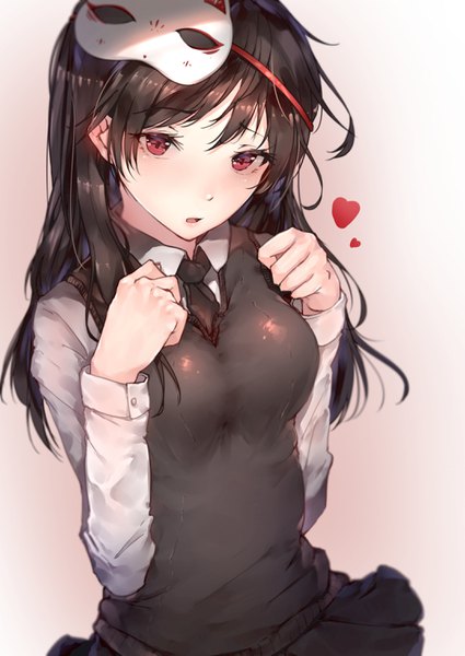 Anime picture 2150x3035 with original hplay (kyoshinou) single long hair tall image looking at viewer blush highres breasts black hair simple background red eyes large breasts upper body parted lips head tilt pleated skirt arms up embarrassed gradient background