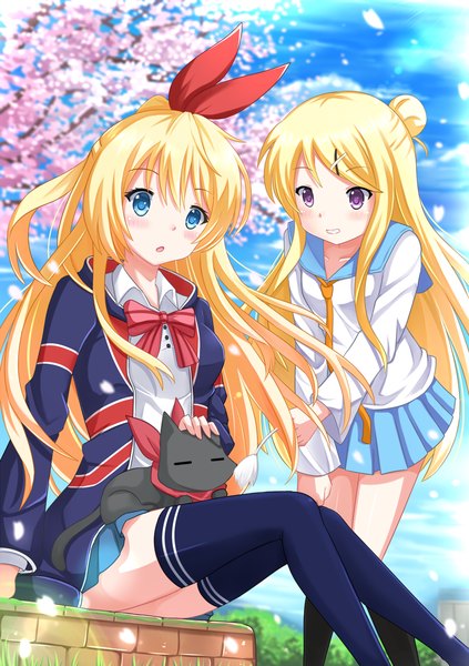 Anime picture 1200x1700 with nisekoi kin-iro mosaic shaft (studio) kirisaki chitoge kujou karen kazenokaze long hair tall image blush open mouth blue eyes blonde hair sitting purple eyes multiple girls cherry blossoms half updo flag print girl thighhighs