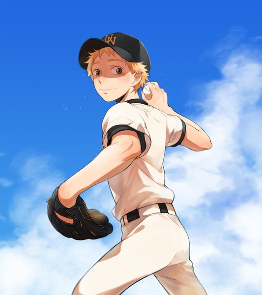 Anime picture 1280x1440 with ookiku furikabutte a-1 pictures mihashi ren ayame (artist) single tall image fringe short hair blonde hair holding brown eyes sky cloud (clouds) outdoors short sleeves playing sports boy uniform belt flat cap