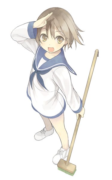 Anime picture 1019x1628 with strike witches miyafuji yoshika nnyu single tall image looking at viewer blush short hair open mouth simple background brown hair white background brown eyes :d salute girl sailor suit cleaning brush