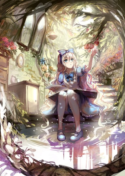 Anime picture 1000x1414 with alice in wonderland alice (wonderland) sishenfan single long hair tall image blue eyes blonde hair sitting looking away girl thighhighs dress bow ribbon (ribbons) plant (plants) hair ribbon white thighhighs water shoes