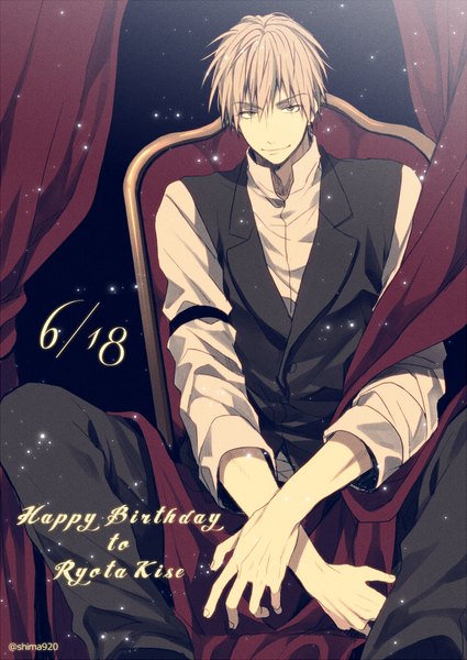 Anime picture 600x847 with kuroko no basket production i.g kise ryouta mashima shima single tall image looking at viewer fringe short hair blonde hair smile hair between eyes sitting signed yellow eyes dated crossed arms happy birthday boy shirt