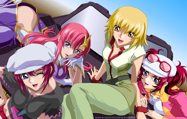 Anime picture 3928x2496 with mobile suit gundam gundam seed destiny sunrise (studio) cagalli yula athha meer campbell lunamaria hawke meyrin hawke highres blonde hair multiple girls pink hair absurdres one eye closed wink girl hair ornament hat star (symbol) sunglasses 4 girls