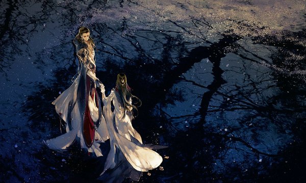 Anime picture 1276x765 with original ibuki satsuki long hair black hair wide image traditional clothes from behind black eyes couple holding hands reflection traditional media girl boy hair ornament petals water armor spaulder (spaulders)