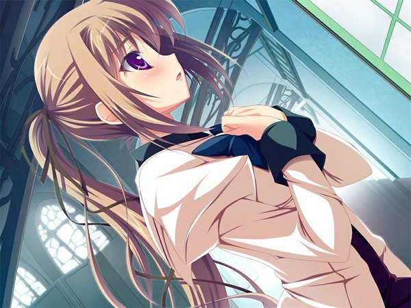 Anime picture 1024x768 with sacred vampire (game) open mouth brown hair purple eyes game cg ponytail profile hands clasped girl uniform ribbon (ribbons) hair ribbon school uniform bowtie