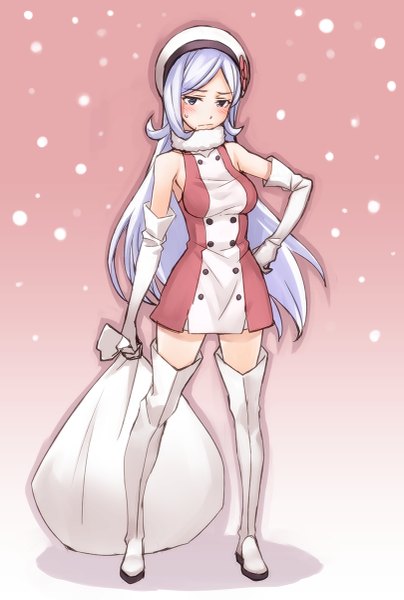 Anime picture 809x1200 with mobile suit gundam gundam build fighters sunrise (studio) aila jyrkiainen matsuryuu single long hair tall image looking at viewer blush simple background white hair shadow grey eyes alternate costume zettai ryouiki hand on hip snowing christmas alternate color
