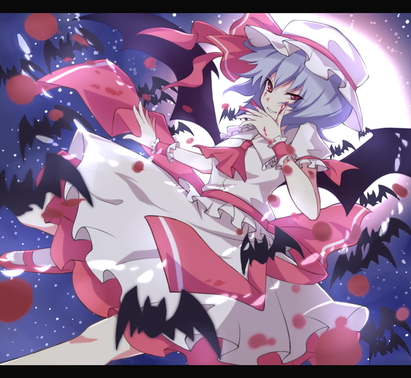 Anime picture 1400x1288 with touhou remilia scarlet itoo (artist) short hair smile red eyes blue hair night girl dress skirt wings moon blood skirt set bat