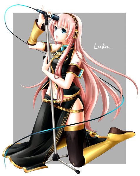 Anime picture 1024x1287 with vocaloid megurine luka shinsuisha (artist) single long hair tall image open mouth blue eyes simple background pink hair kneeling border outside border girl thighhighs navel black thighhighs thigh boots microphone microphone stand